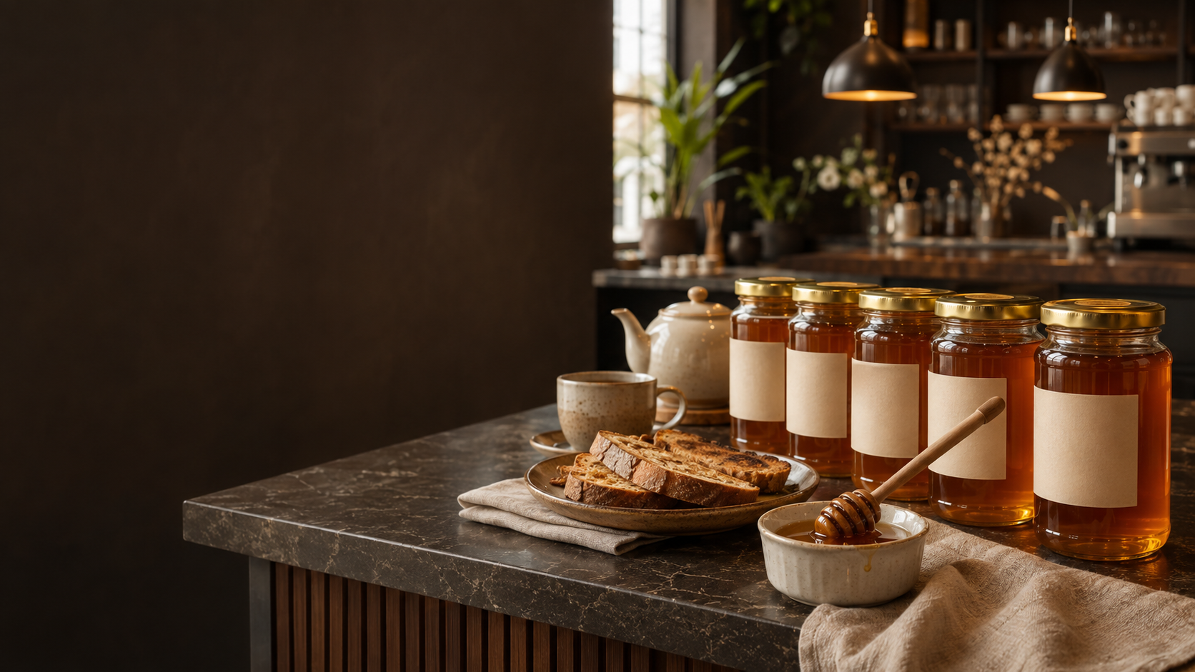 Honey jars prepared for service on a Cape Town hospitality counter
