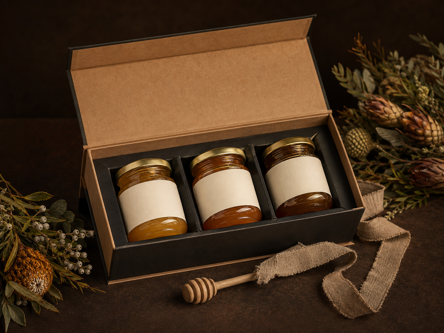 Premium South African honey gift box with three jars and a wooden dipper